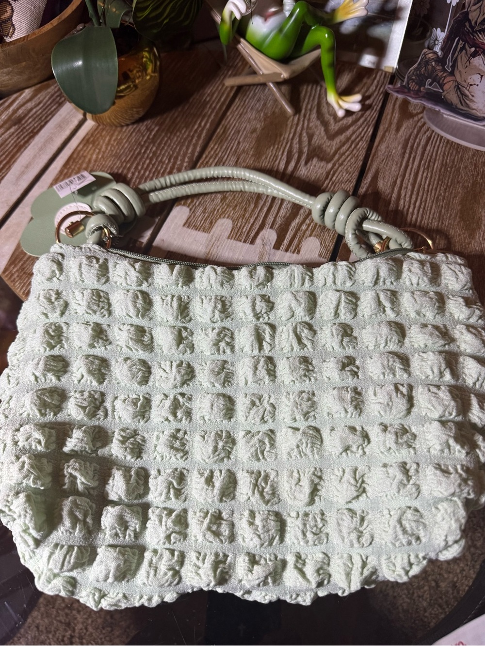 Stylish Textured Knit Top-Handle Bag in Sage Green - Picture 4 of 9